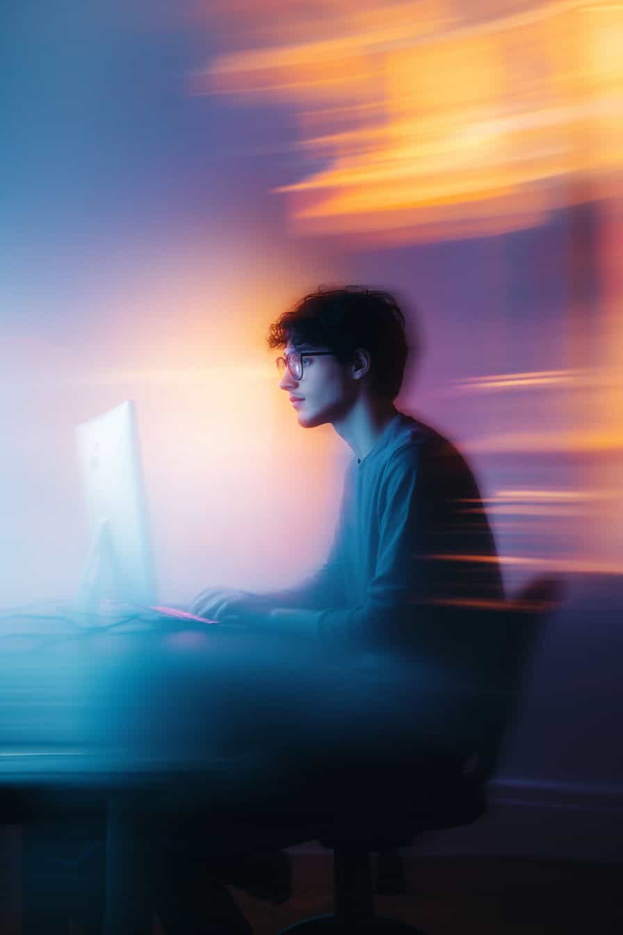 Joven programador frente a un ordenador en un entorno futurista, representando el aprendizaje y aplicación de la inteligencia artificial y la innovación tecnológica.