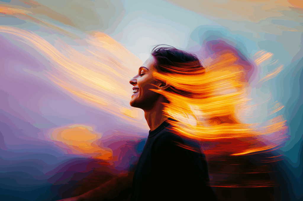 Mujer joven sonriendo, rodeada de destellos de luz futuristas, simbolizando la transformación personal y profesional gracias al aprendizaje en inteligencia artificial e innovación.