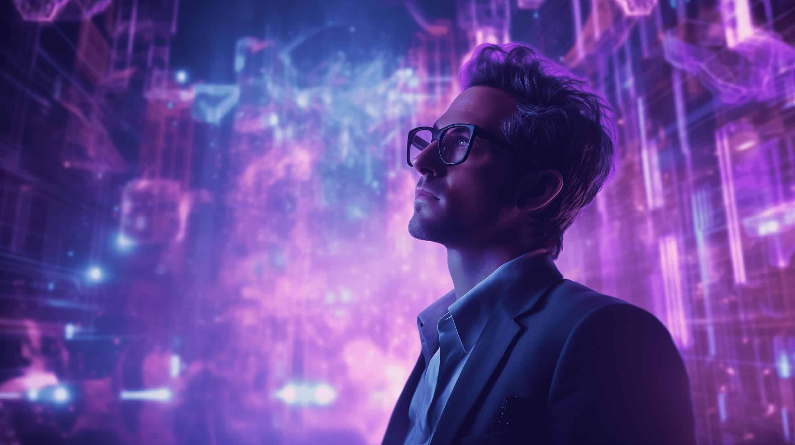 Hombre imaginando junto a nubes de datos