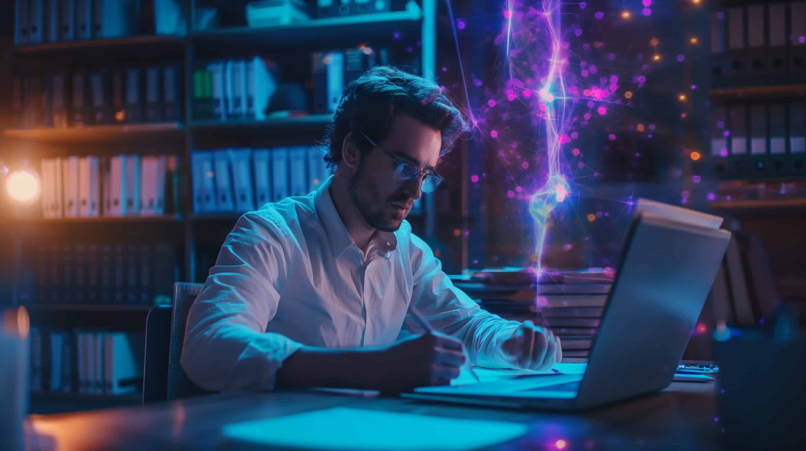 hombre tomando notas en ordenador portátil