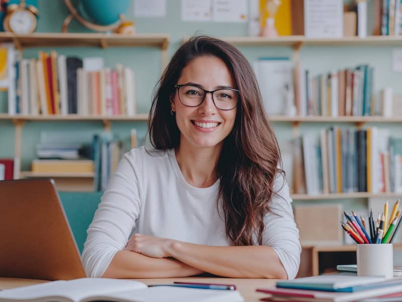 Mujer en escritorio junto a material escolar