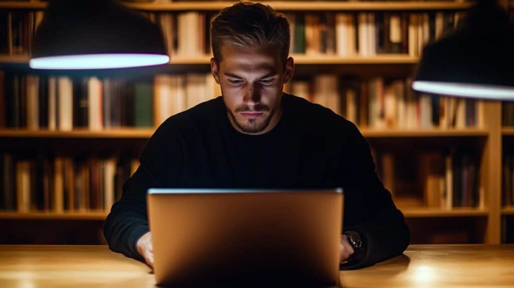 Young man focused on studying with a laptop in a library, representing different learning styles.