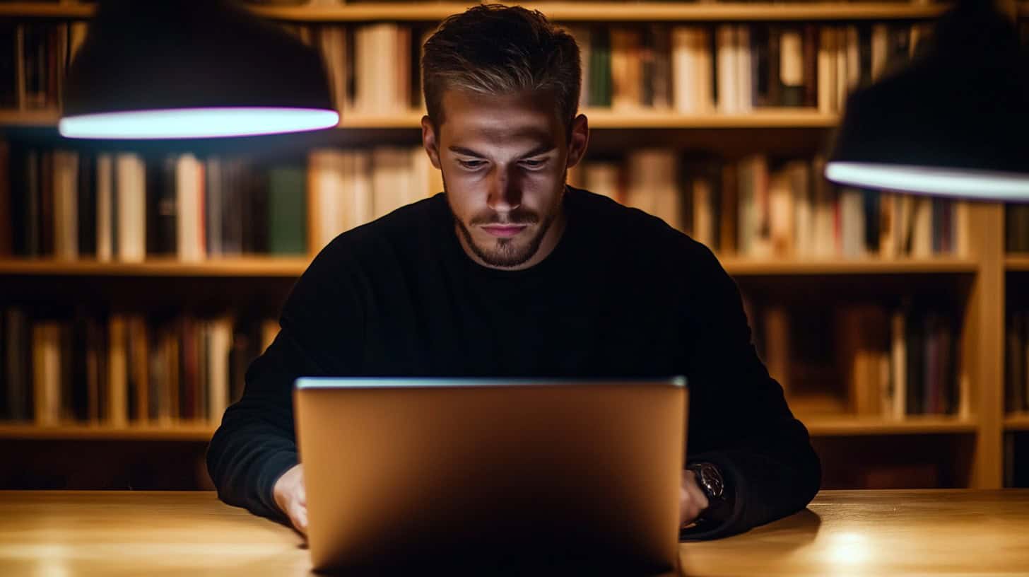 Joven concentrado estudiando en su portátil en una biblioteca, representando diferentes formas de aprendizaje.