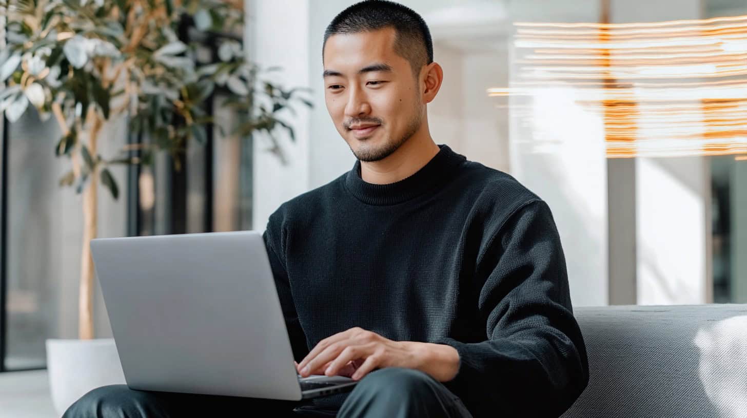 Un hombre joven de ascendencia asiática, con el cabello corto y barba ligera, viste un suéter negro y está sentado en un sofá mientras trabaja en su laptop. Sonríe levemente con una expresión concentrada. Detrás de él hay una planta grande en una maceta blanca y un ventanal que deja entrar luz natural. A la derecha, hay un efecto de luces en movimiento que añade dinamismo a la escena. El ambiente es moderno y relajado, probablemente en una oficina o espacio de coworking.