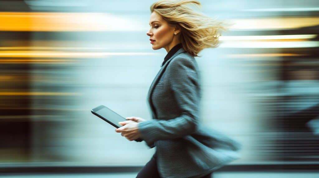 Ejecutiva corriendo con tablet, simbolizando la rapidez en el análisis de datos con Power BI.