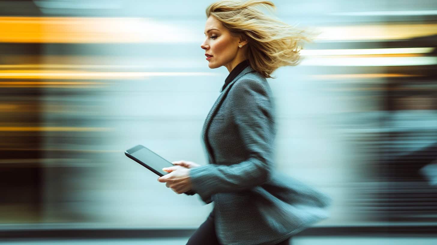 Ejecutiva corriendo con tablet, simbolizando la rapidez en el análisis de datos con Power BI.