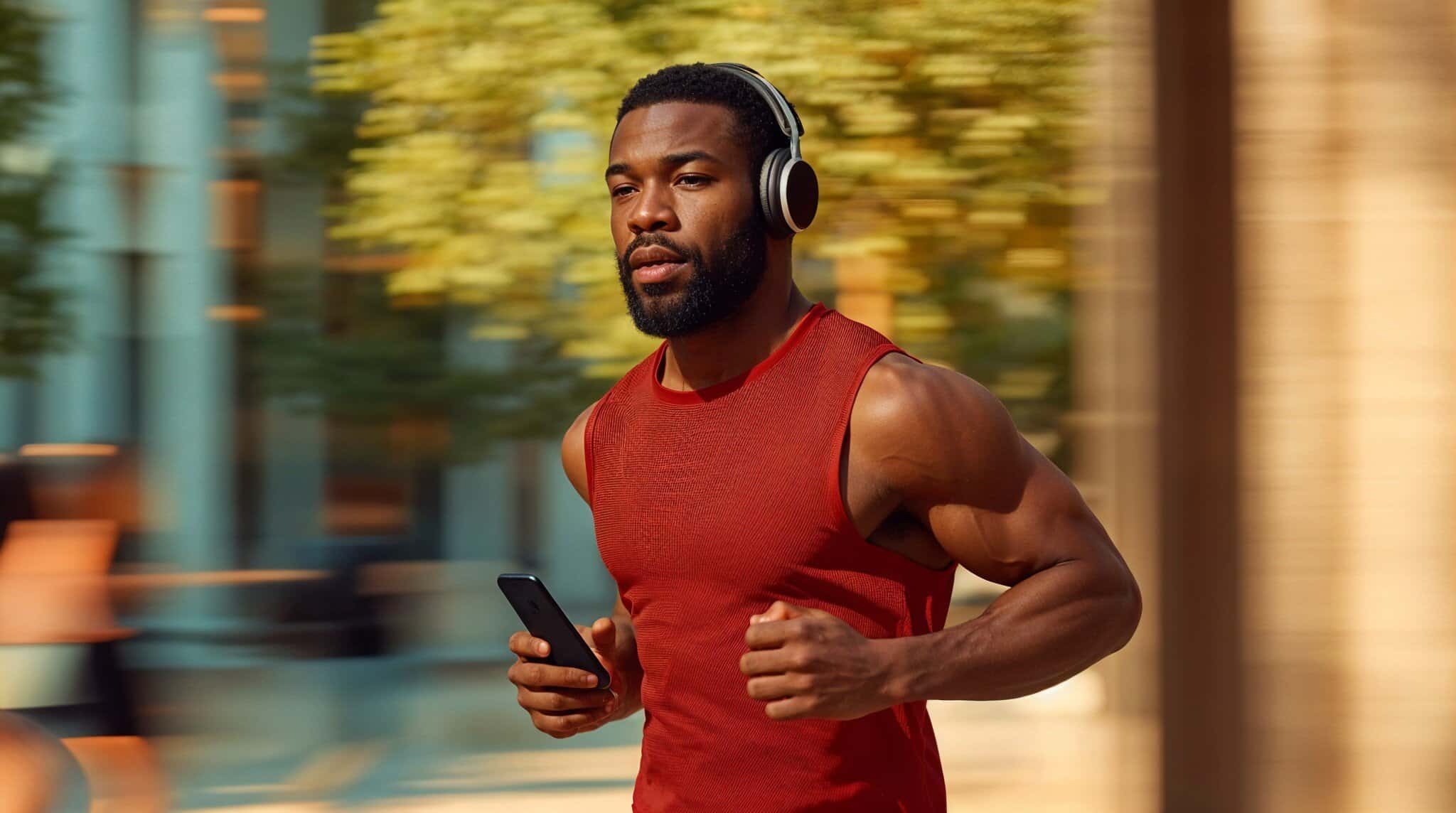 Athletic man running outdoors with headphones and a smartphone, using sports technology to enhance performance.