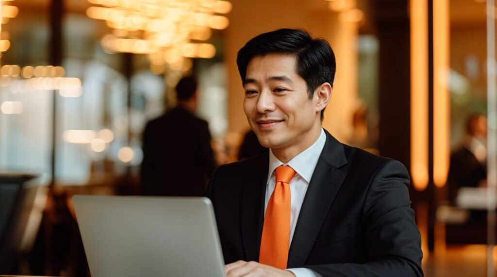 Abogado profesional en oficina moderna sonriendo mientras trabaja en su portátil, optimizando procesos legales con herramientas Legaltech.