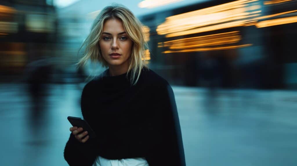 Blonde woman holding a smartphone in a cityscape with blurred lights behind her, symbolizing the fast-paced world of AI and personalized GPTs.