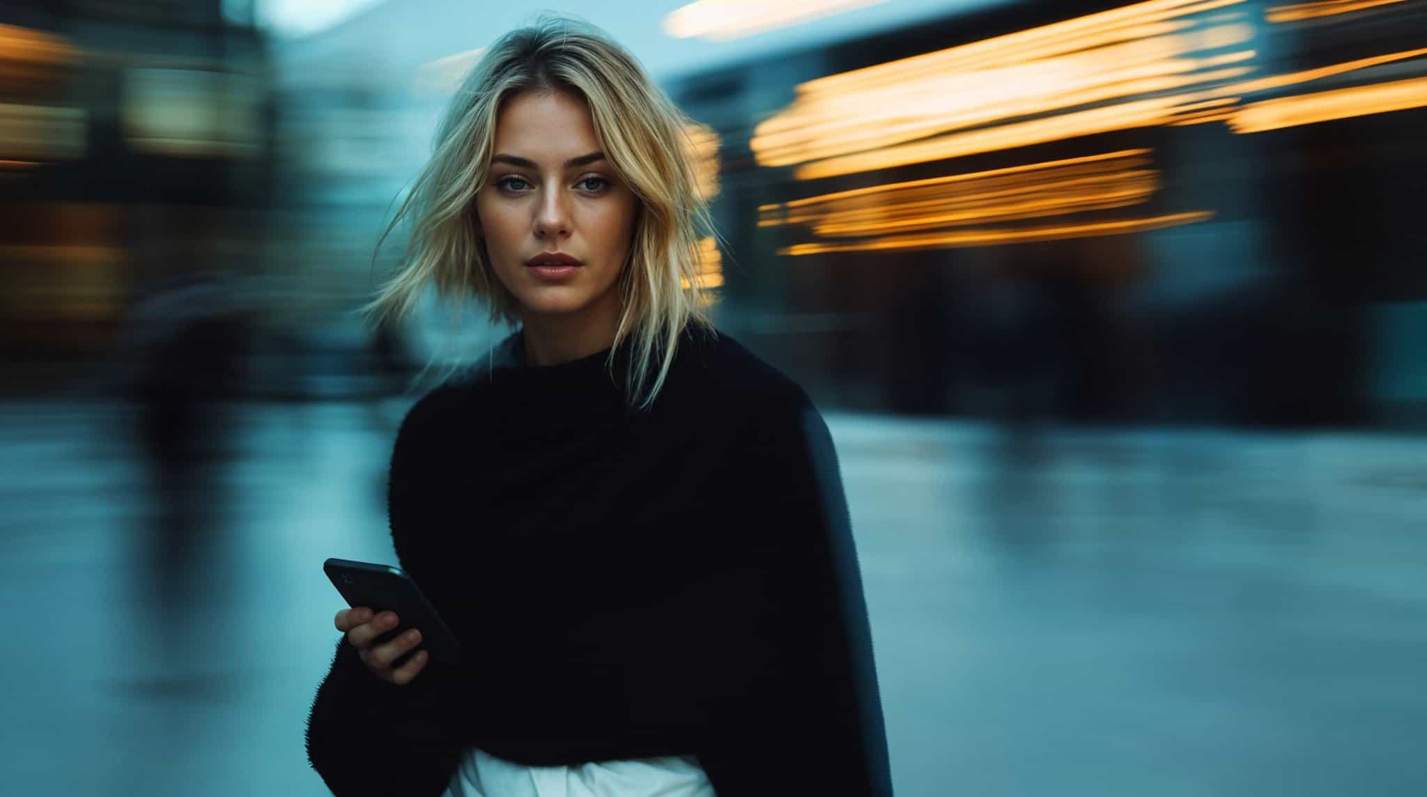Blonde woman holding a smartphone in a cityscape with blurred lights behind her, symbolizing the fast-paced world of AI and personalized GPTs.