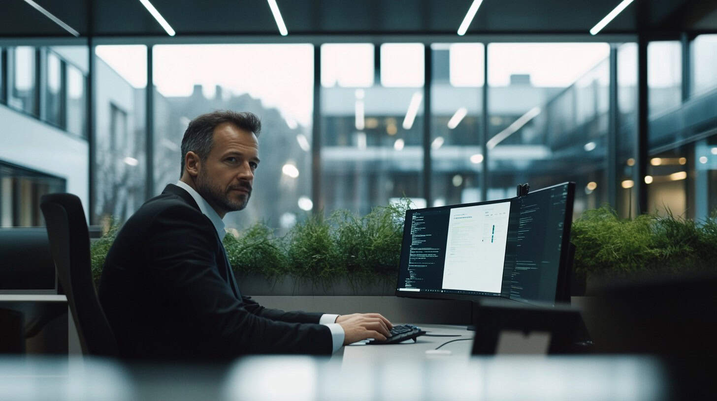 Business executive in a modern office working on dual monitors, focusing on the Capability Maturity Model (CMM) for business transformation.