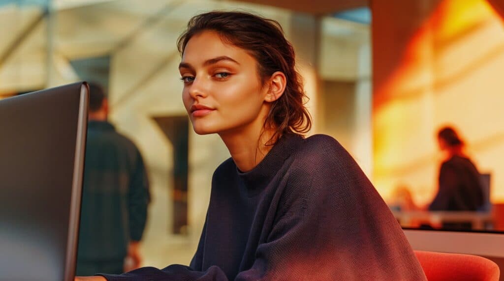 Young woman in a modern office with warm lighting using Adobe Firefly for AI-powered design.