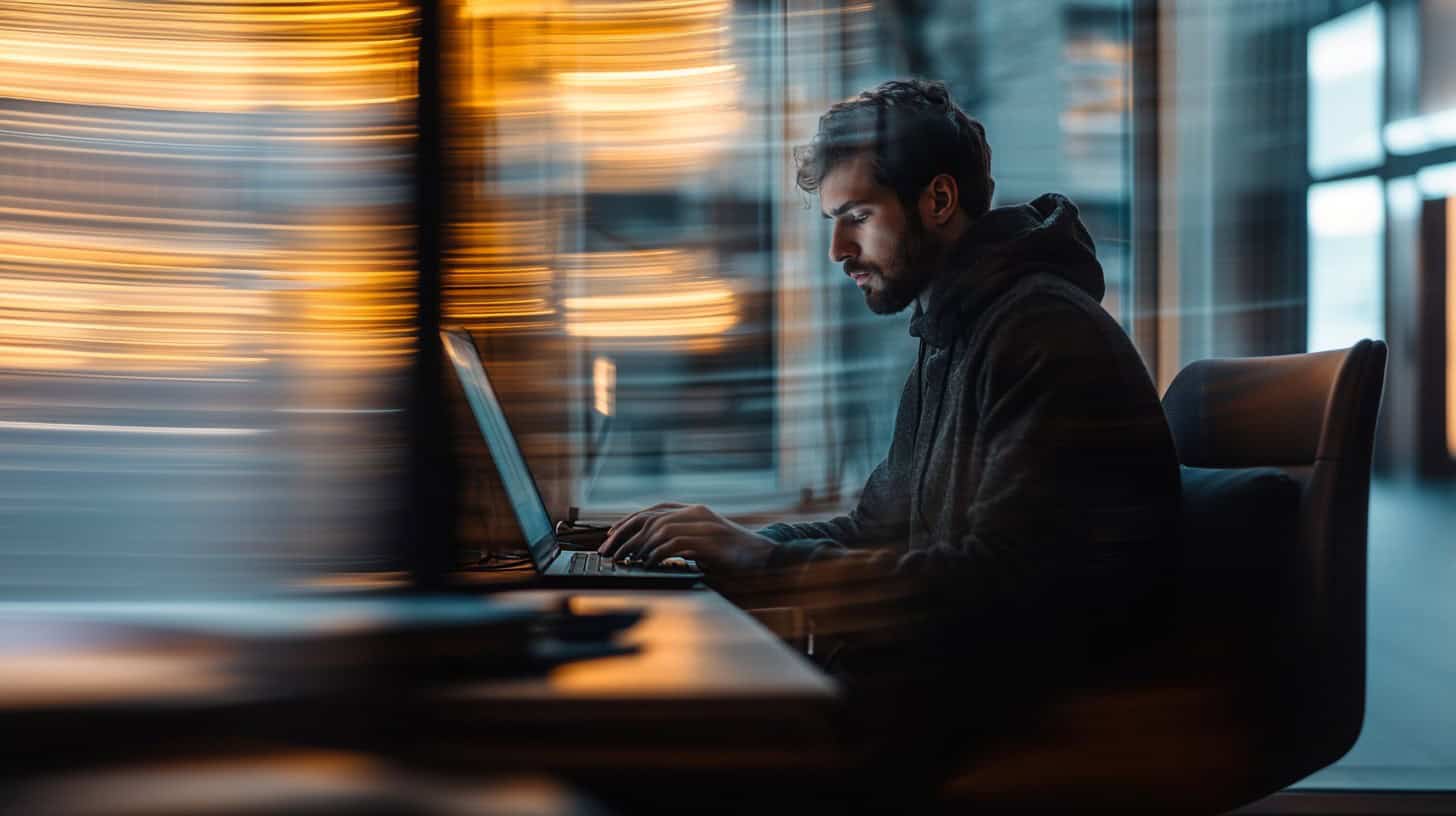 Young man in a hoodie working on his laptop with stable diffusion in a modern setting, surrounded by blurred lights symbolizing creativity and motion.