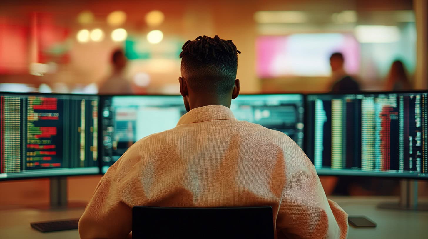 Cybersecurity analyst working across multiple screens displaying code and data, using artificial intelligence to protect digital systems.