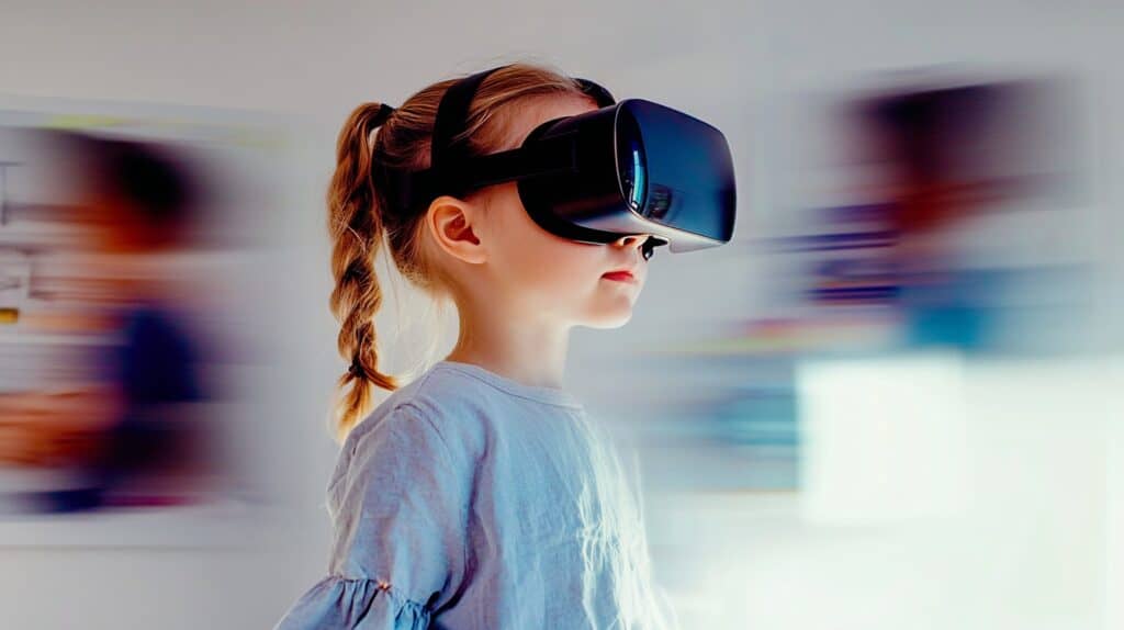 Child using a virtual reality headset in a classroom, representing gamification in the classroom through digital tools.