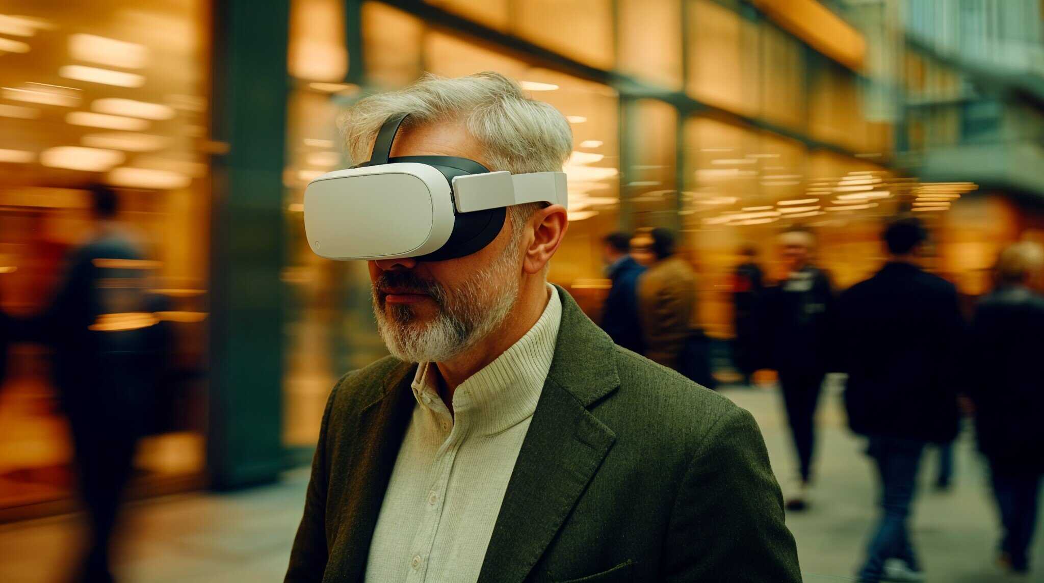 Senior professional wearing a VR headset in a business district, illustrating the integration of virtual reality in companies.