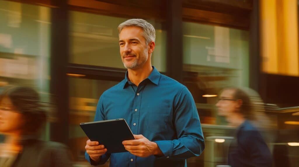 Professional woman running with a tablet, symbolizing the speed and reach of AI education worldwide.