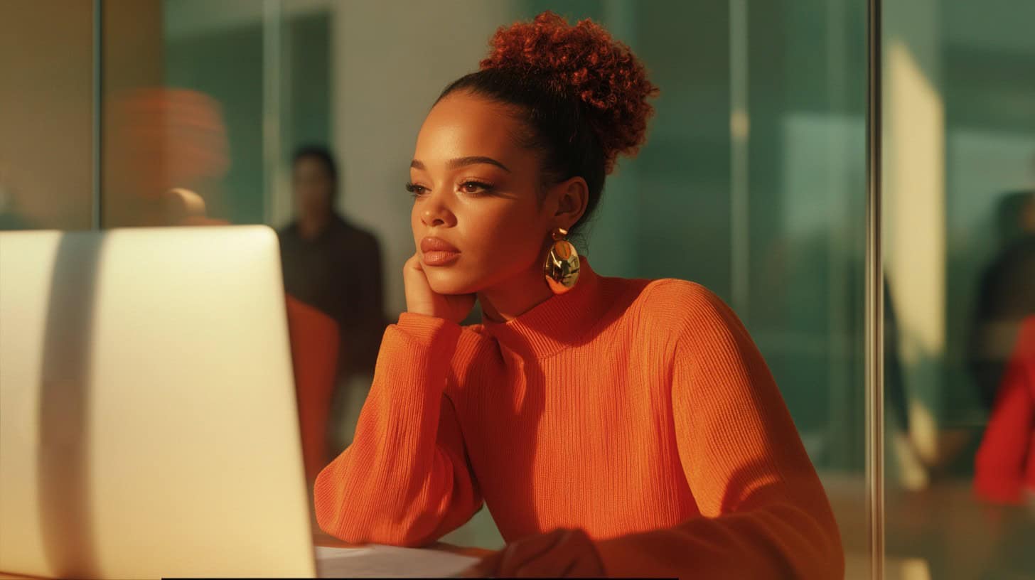 Mujer rubia con un smartphone caminando por la ciudad, con luces desenfocadas a su alrededor que simbolizan el flujo de datos y procesos tecnológicos.