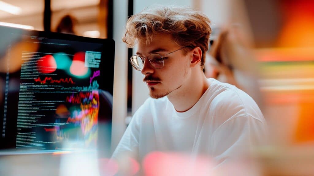 Joven programador frente a un monitor con gráficos y código, representando el aprendizaje de lenguajes de programación para Inteligencia Artificial.