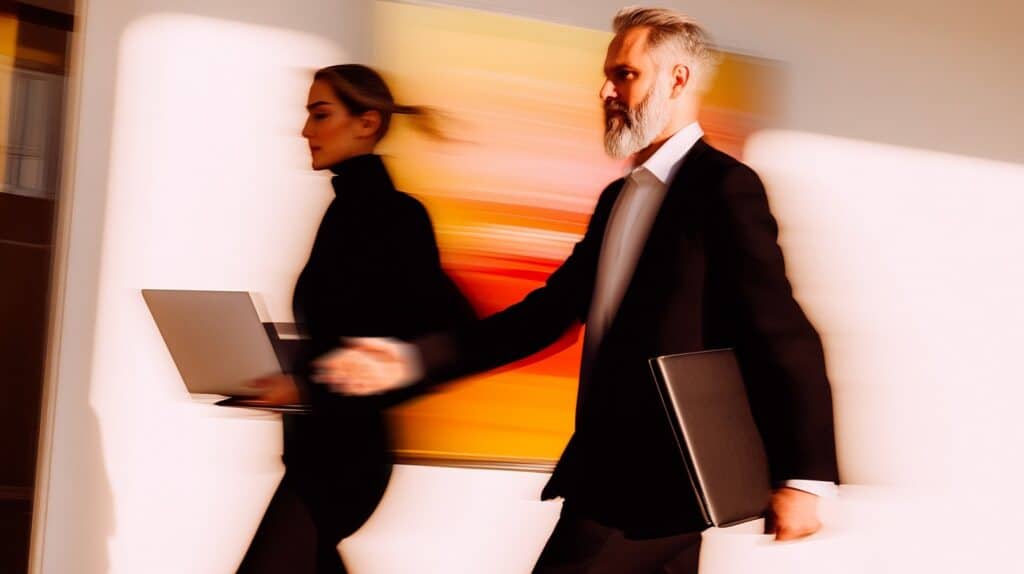 Business professionals walking with laptops and briefcases, symbolizing automation through blockchain and smart contracts.