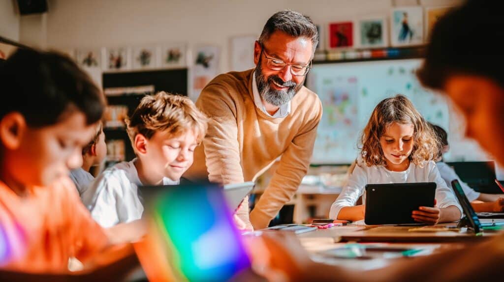 Profesor guiando a estudiantes en el uso de tabletas en el aula, representando la implementación de la IA en la educación.