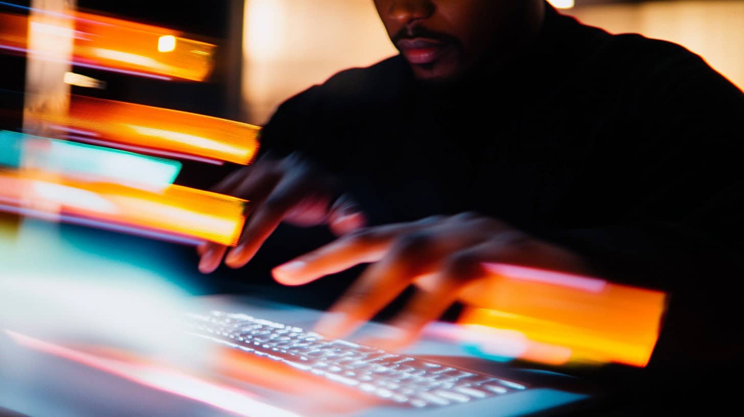 Close-up of a hacker’s hands typing on a laptop with glowing lights, representing a spear phishing cyberattack.