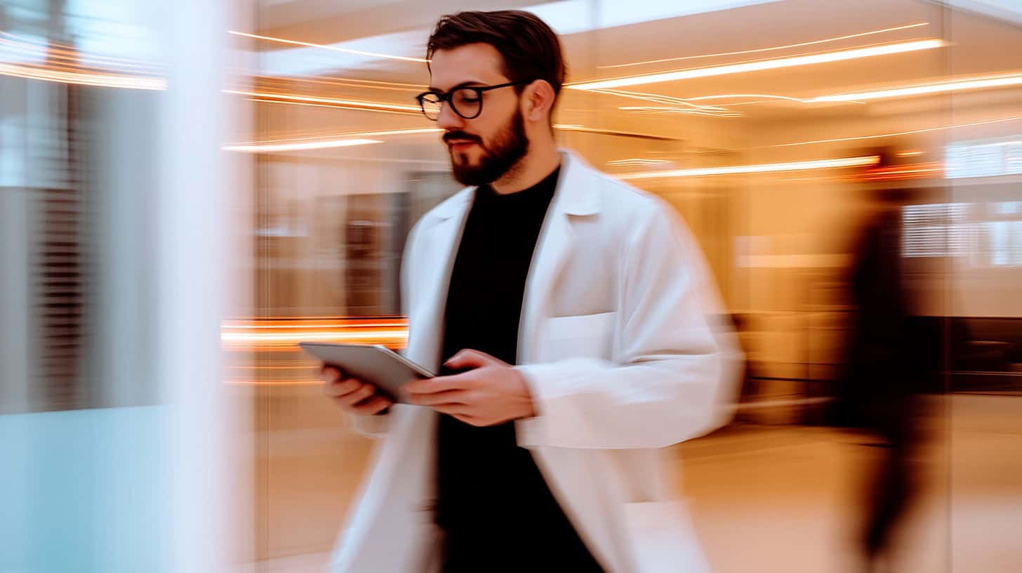 Doctor walking with a tablet, representing the use of virtual reality in modern medical practice.