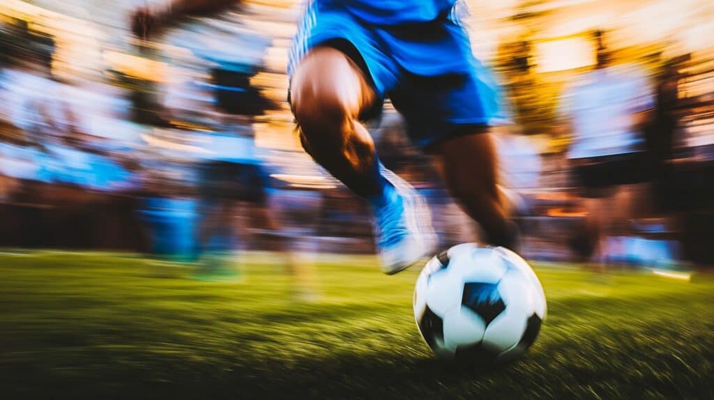 Jugador de fútbol en movimiento dentro de un estadio moderno, representando la experiencia inmersiva en un estadio inteligente.
