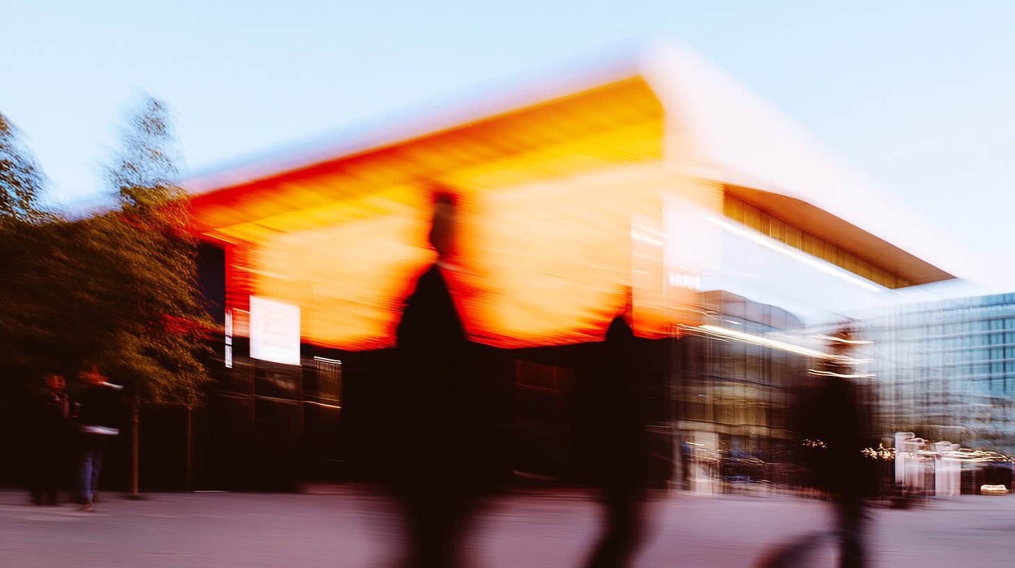 Blurred silhouettes of people in motion outside a modern stadium, representing the dynamic integration of smart venue technology, IoT, and AI in sports facilities.