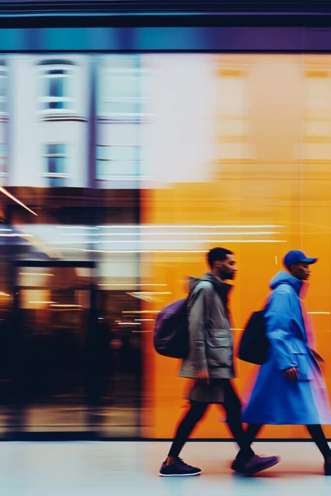 Two people walking with backpacks in front of a bright orange modern building, representing the dynamic role of AI agents in everyday life and innovation.