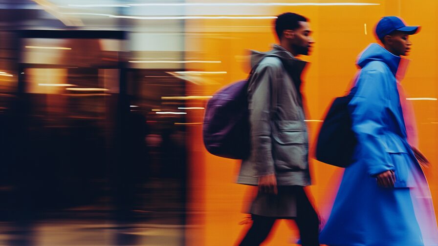 Two people walking with backpacks in front of a bright orange modern building, representing the dynamic role of AI agents in everyday life and innovation.