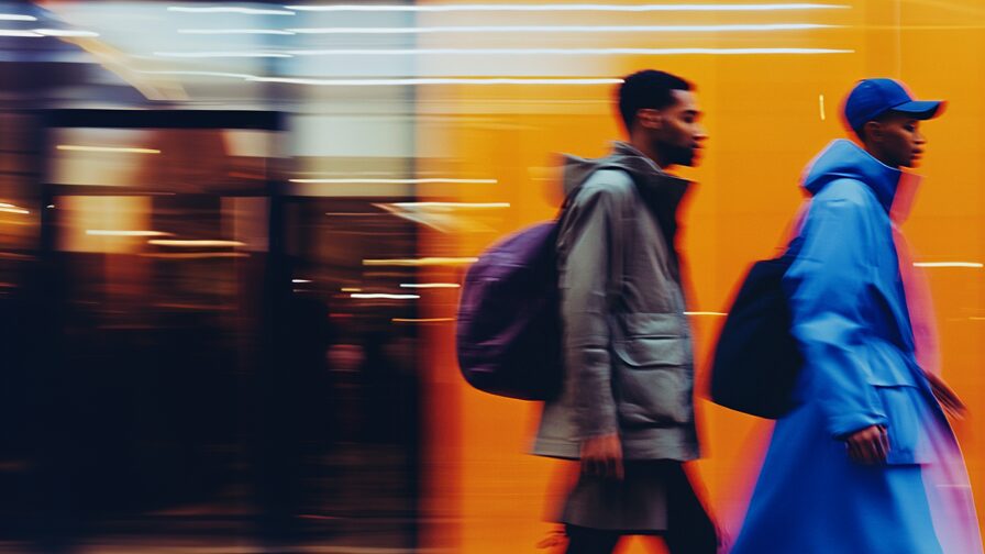 Dos personas caminan frente a una fachada moderna con tonos naranjas y luces dinámicas, representando movimiento y el concepto de agentes de IA en acción.