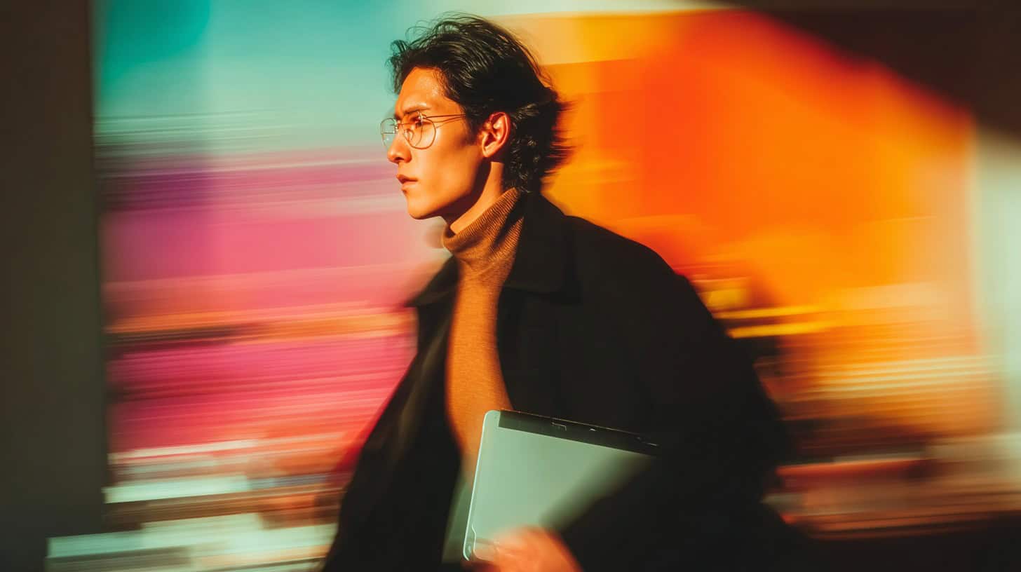 Person using a laptop quickly in front of a dynamic, colorful background, symbolizing the power and speed of ChatGPT-5.