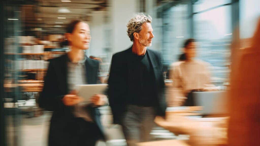 Two professionally dressed people walking through a modern office environment, with a dynamic, motion-blurred background.
