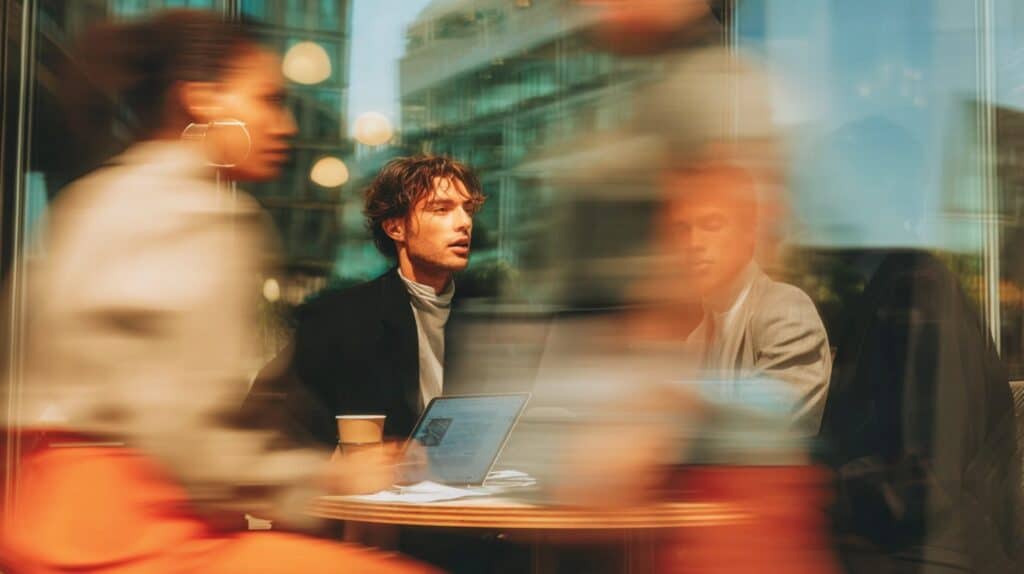 People in a casual meeting using laptops in a coffee shop, symbolizing the integration of AI literacy in modern work environments.