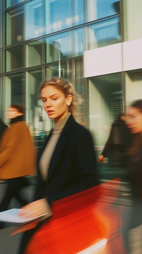 Young woman walking with a red folder in front of a modern glass building in a dynamic urban setting.