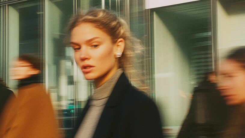 Young woman walking with a red folder in front of a modern glass building in a dynamic urban setting.