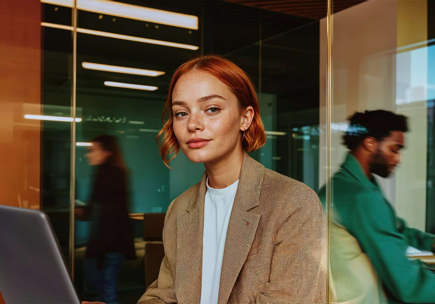 Mujer joven pelirroja con expresión serena trabajando con un portátil en una oficina moderna, rodeada de movimiento