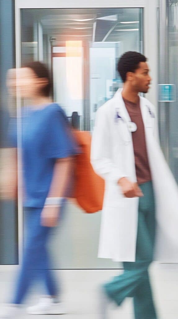 Dos profesionales de la salud caminando por un pasillo de hospital moderno, con uno de ellos llevando bata blanca y estetoscopio, en un entorno dinámico y tecnológico.