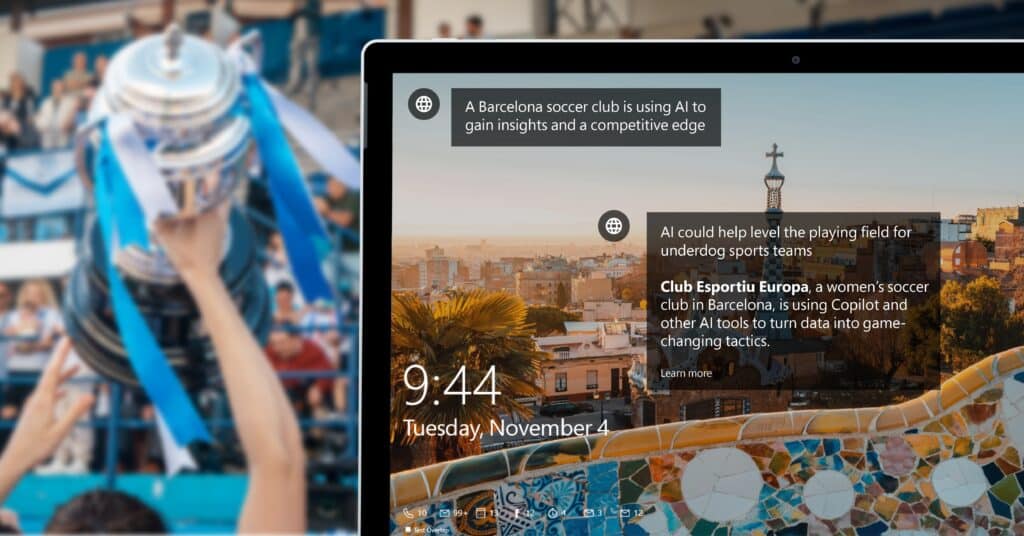 Pantalla de bloqueo de un ordenador con una vista panorámica de Barcelona, mostrando información sobre cómo el CE Europa femenino que usa inteligencia artificial para mejorar su rendimiento.
